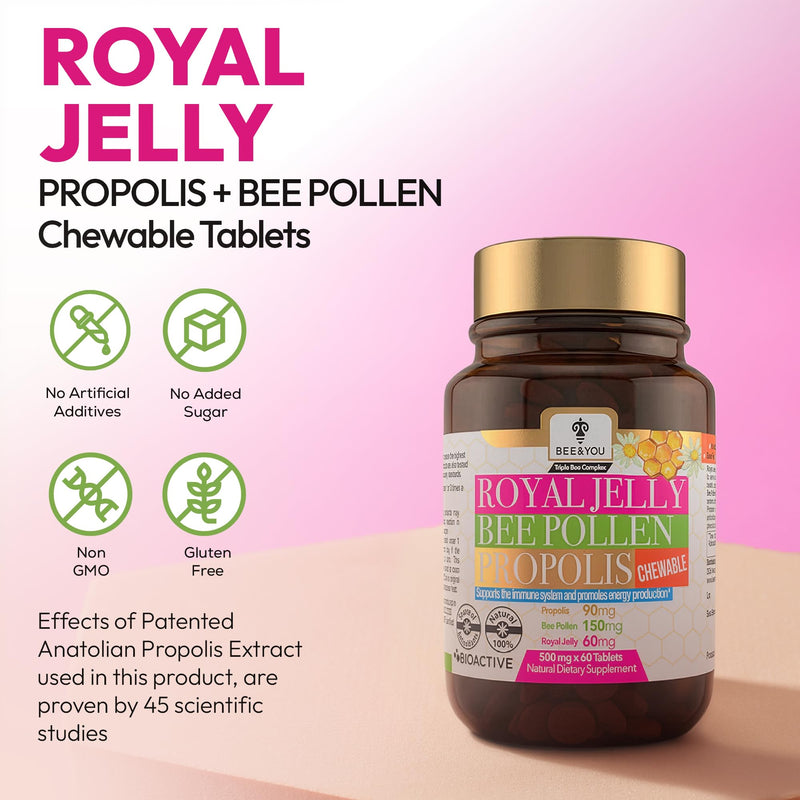 Bee and You Chewable Royal Jelly Tablets with Propolis Extract, Bee Pollen, Vitamins and Minerals, Daily Immune and Energy Support, Gluten Free, for Kids and Adults, 60 Count