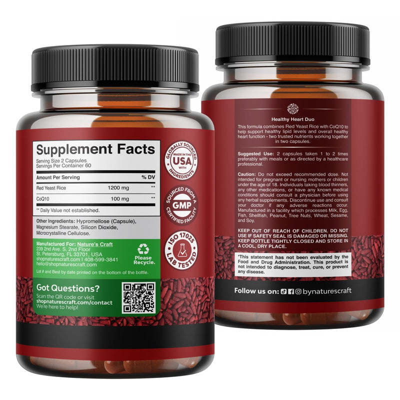 Red Yeast Rice with CoQ10 Supplement - Healthy Heart Support - 120 Ct | Red Yeast Rice 1200 mg - Advanced Complex for Energy & Antioxidant Support - GMP - Third Party Tested – 60 Servings 120 Count (Pack of 1)