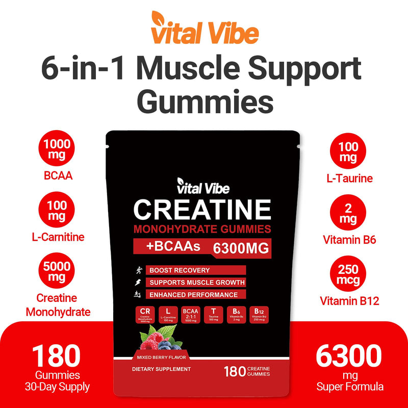 Creatine Monohydrate Gummies Complex for Men and Women 6300mg | with L-carnitine & Taurine | Build Muscle, Boost Energy | Faster Recovery | Sugar Free & Vegan | Mixberry Flavor 180Cts