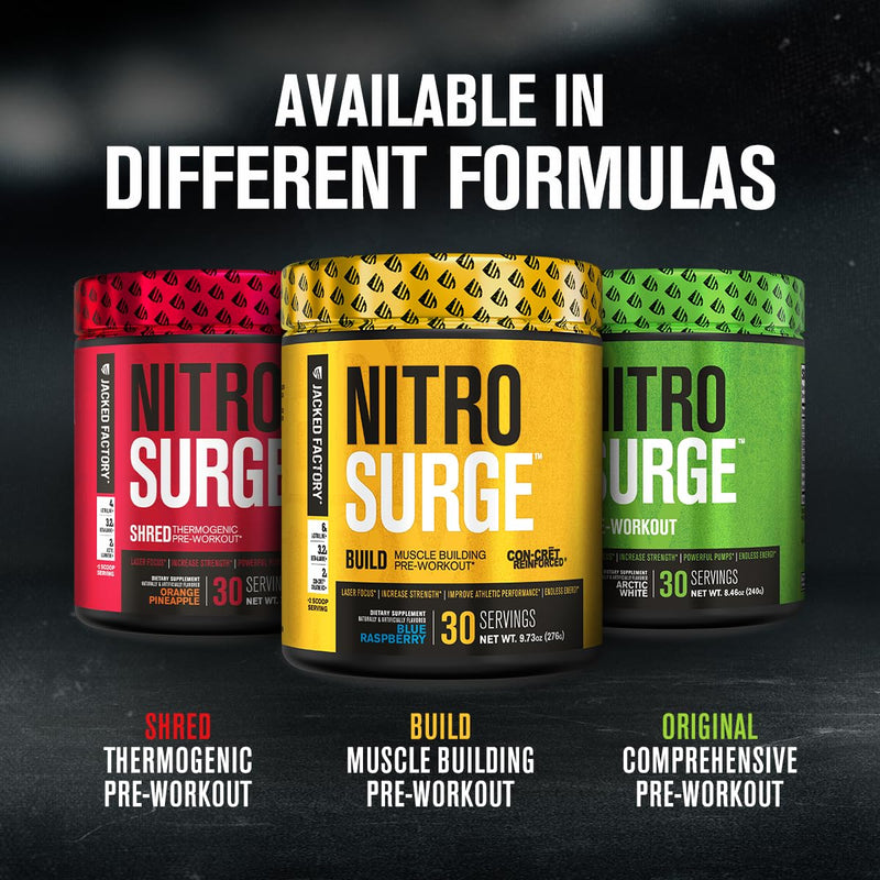 [Australia] - Jacked Factory Nitrosurge Build Pre Workout with Creatine for Muscle Building - Con Cret Creatine Powder & elevATP for Intense Energy, Powerful Pump, & Endless Endurance - 30 Servings, Blue Raspberry 30 Servings (Pack of 1) 