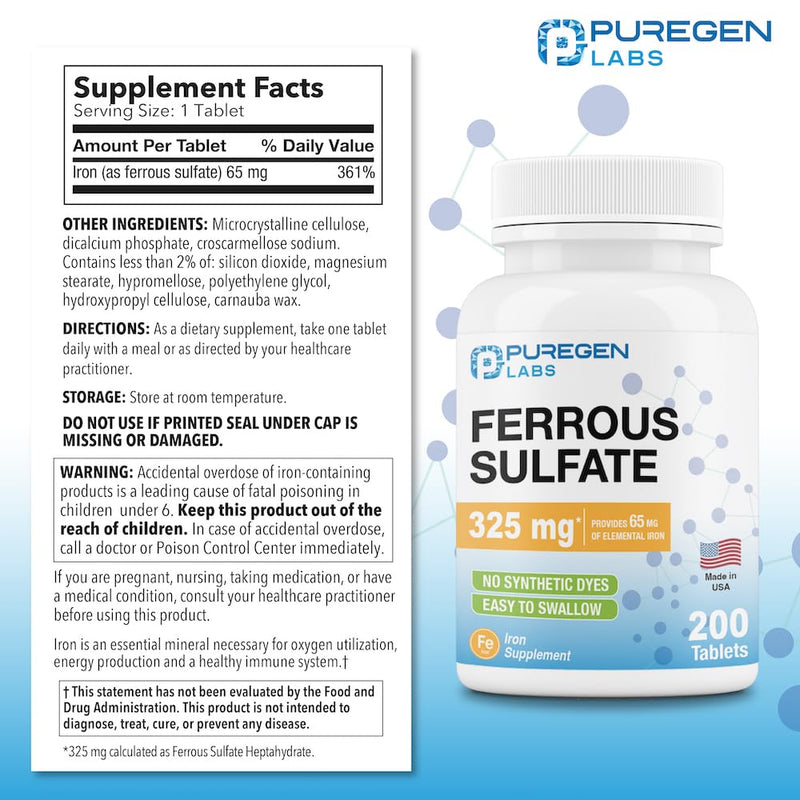 [Australia] - Puregen Labs Ferrous Sulfate 325 mg (65 mg Elemental Iron) High Potency Iron Supplement | No Artificial Color Additives - 200 Tablets Made in USA 1 