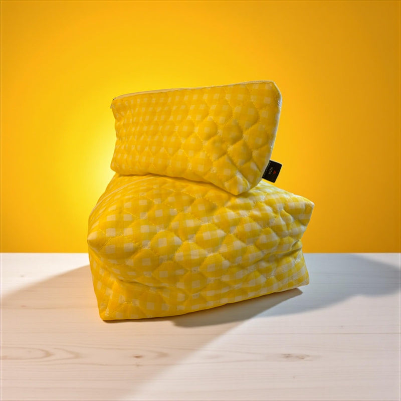Set of 2 Handmade Quilted Cosmetic Bags – Yellow Gingham Cotton with Zipper, 7x8x3.5” and 9.5x4.5x2.5”