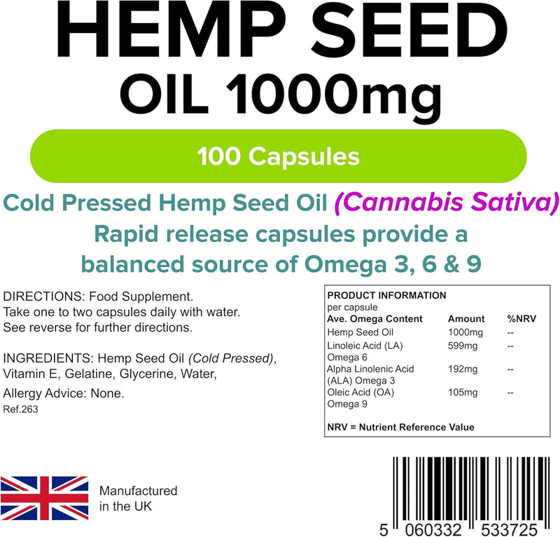 Lindens - Hemp Seed Oil 1000mg, 100 Capsules - UK Made - Source of Omega 3, 6 & 9 - Joint Care, Heart Health, Overall Wellbeing - Cold Pressed Hemp Seed Oil - Letterbox Friendly