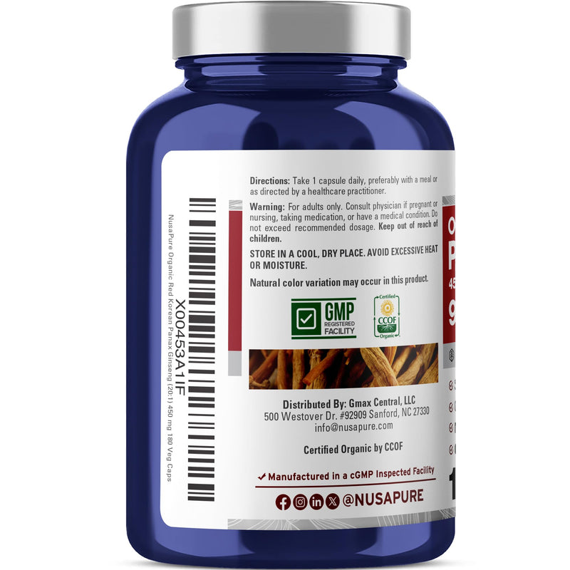 [Australia] - NusaPure Red Korean Panax Ginseng 20:1 Extract, 450 mg Equivalent to 9,000 mg 180 Veggie Caps (USDA Organic, Non-GMO, Vegan, Vegetarian, Bioperine) 180 Count (Pack of 1) 