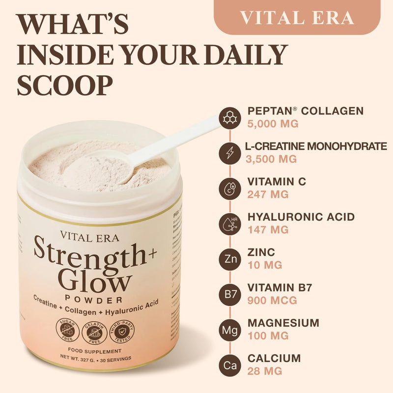 Strength + Glow, 8 in 1 Blend with Creatine monohydrate Powder, Peptan® Collagen Powder, Biotin, Hyaluronic Acid, Vitamin C, Magnesium, Calcium, Zinc. Creatine for Women