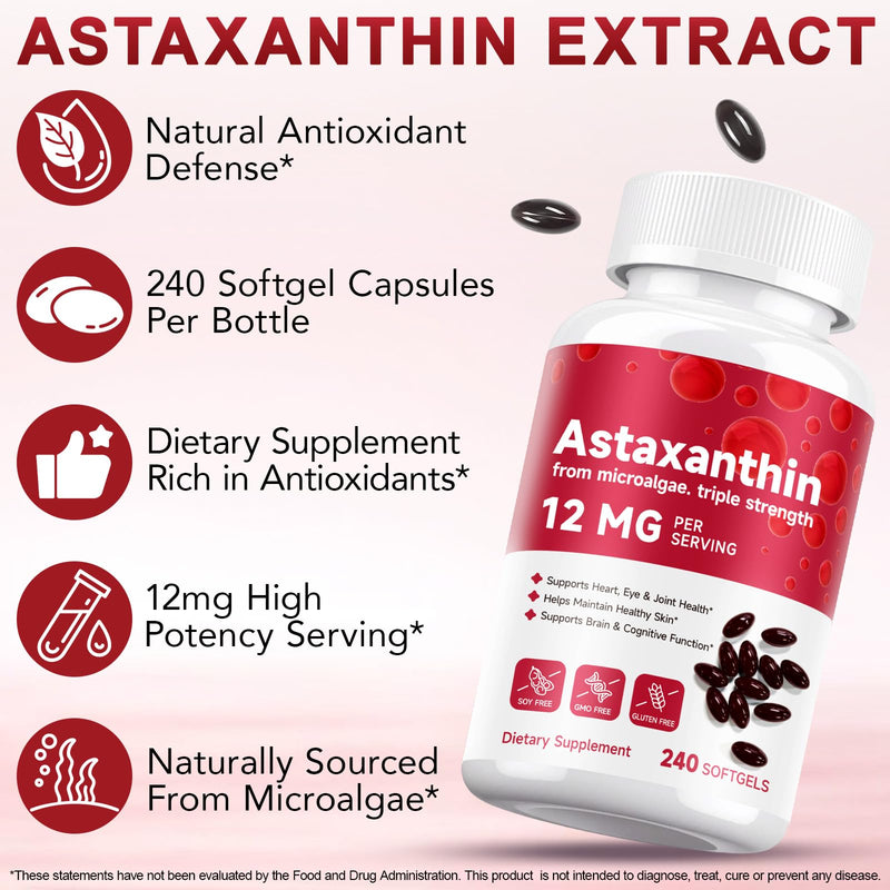Astaxanthin 12mg | 240 Softgels | Premium Astaxanthin Antioxidant Supplements with Antioxidant Activity | Astaxanthin from Haemotococcus Pluvialis Algae | Supports Eye, Skin, Immune System Health