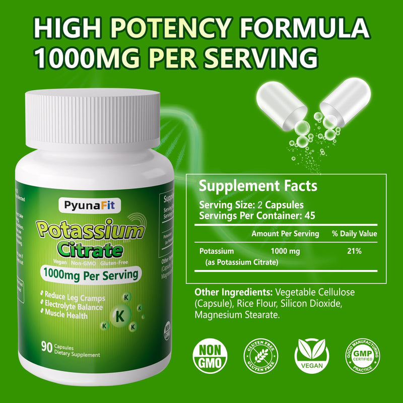 [Australia] - Potassium Supplement 1000mg – High Potassium Citrate for Leg Cramps, Muscle Health, and Heart Support, Non-GMO & Gluten-Free, 90 Capsules 