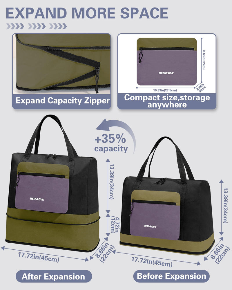 Foldable Travel Bag 46L, Expandable Weekender Duffle Bag with Shoe Compartment, Waterproof Nylon Carry On Bag, Lightweight Personal Item Bag for Women & Men, Folds into a Small Pouch Black