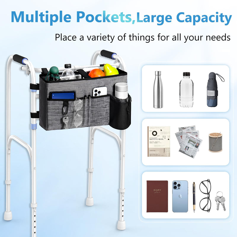 [Australia] - Rhino Valley Walker Bag, Multi Pockets Folding Walker Basket Tote Bag with Cup Holder, Hand-free Carry Pouch Storage Bag for Universal Walkers, Large Capacity Organizer for Seniors Elderly, Gray A Gray Big 