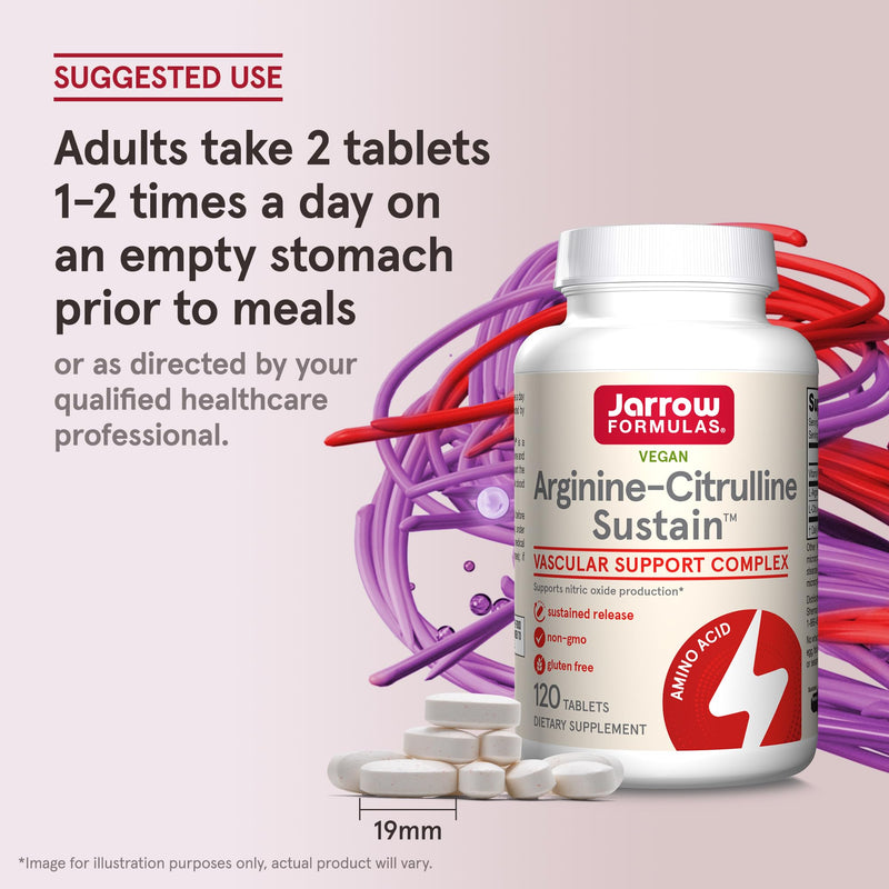 [Australia] - Jarrow Formulas Arginine-Citrulline Sustain, Dietary Supplement, Vascular Support Complex for Nitric Oxide Production and Cardiovascular Health, 120 Tablets, 60 Day Supply Unflavored 120 Count (Pack of 1) 