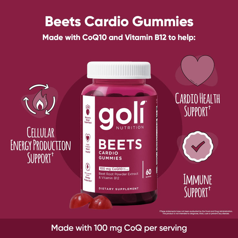 Goli Beets Cardio Gummies | 100mg CoQ10 & Beet Root Extract | Heart Health & Antioxidant | Gluten-Free, Vegan, Non-GMO & Gelatin-Free | Nature's Great Superfood | 60 Gummies 60 count (Pack of 1)