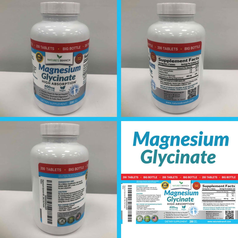 [Australia] - Magnesium Glycinate 400 mg - 200 Tablets - High Absorption, Non Buffered Bisglycinate Mag Supplement for Sleep, Leg Cramps, Heart, Ease Muscles, Calm Headaches for Women and Men, Non Powder Capsules 