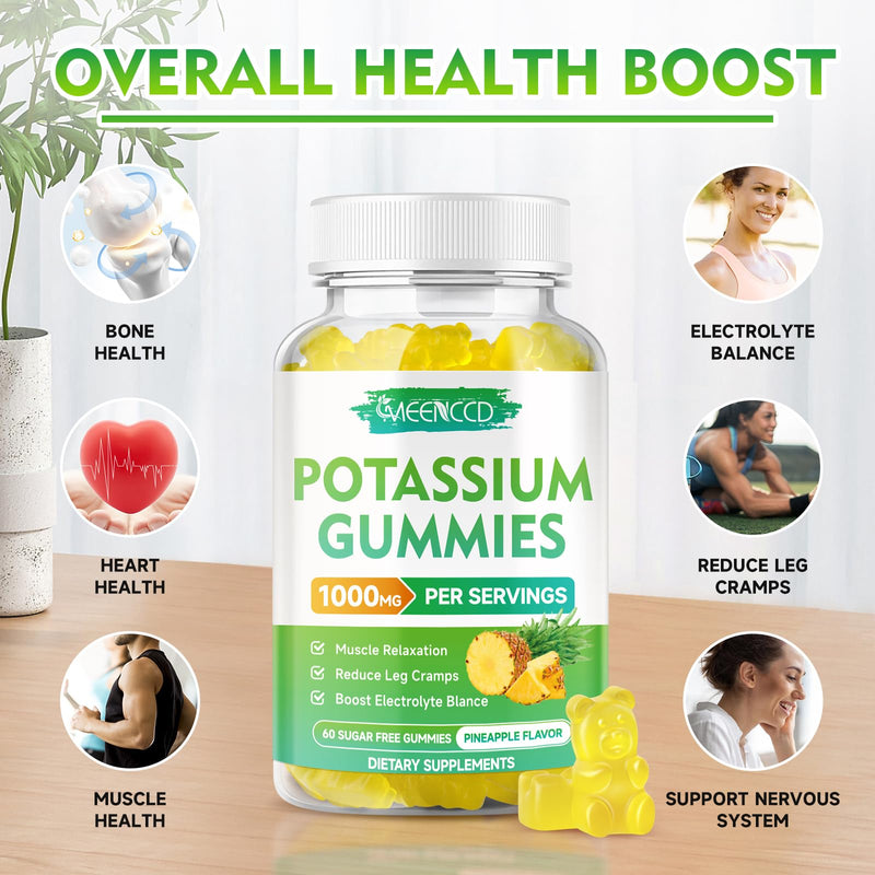 [Australia] - Potassium Citrate Gummies 1000mg, High Potency Potassium Supplement Gummies for Adults Women & Men, Support Leg Cramps & Muscle Health, Sugar-Free, Pineapple Flavor, 60 Count 60 Count (Pack of 1) 