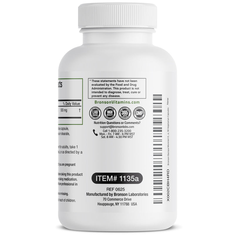 [Australia] - Bronson Bacopa Monnieri Extract 500 mg - Promotes Mental Clarity and Brain Function - Non GMO, 90 Vegetarian Capsules 