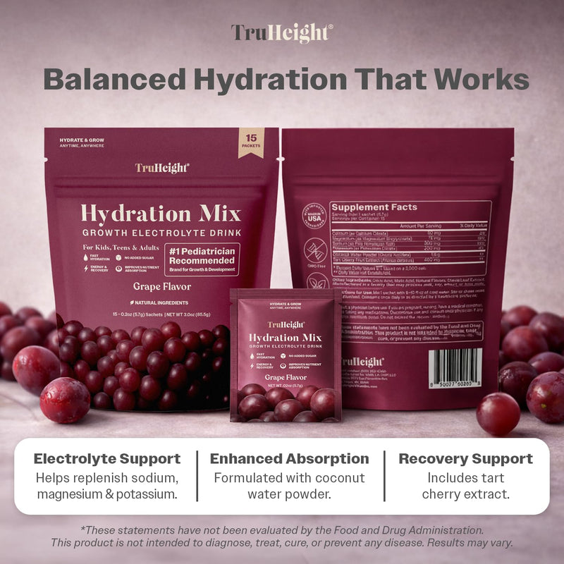 TruHeight Hydration Packets (Grape) Kids, Teens & Adults Fast Hydration, Energy & Recovery - Dehydration Relief Electrolytes Powder Packets for Athletes - Sugar Free, Zero Calorie, Non-GMO, Vegan