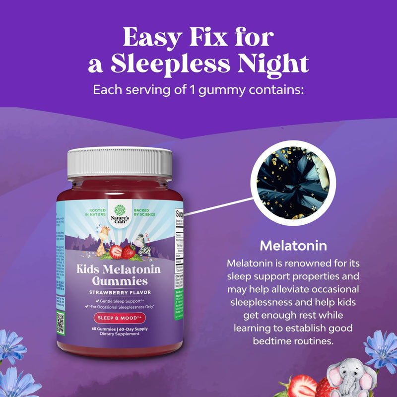 Kids Melatonin Gummies 1mg for Sleep Support, Strawberry - 60 count | Kids melatonin sleep support gummies 1mg with mood support; tummy-friendly, strawberry flavor