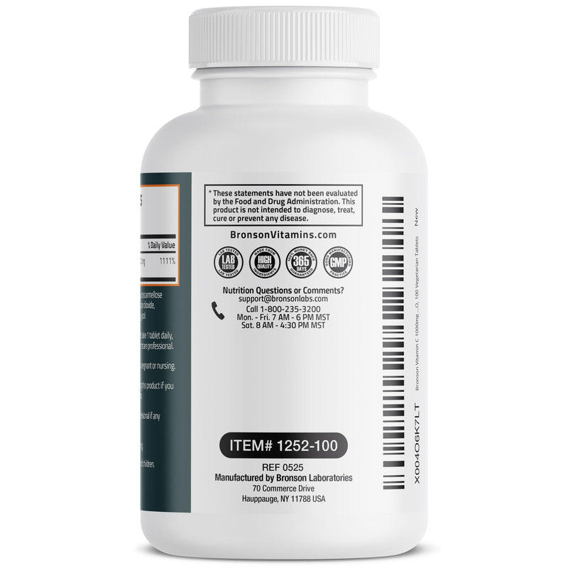 Bronson Vitamin C 1000 mg as Ascorbic Acid, 100 Vegetarian Tablets | Extra Strength Formula, Supports a Healthy Immune System, Non-GMO, Gluten-Free & Soy-Free 100 Count (Pack of 1)
