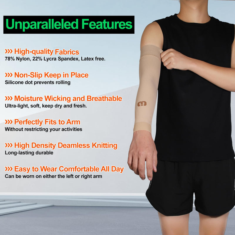 [Australia] - MGANG Lymphedema Compression Arm Sleeve for Women Men, Opaque, 15-20 mmHg Compression Full Arm Support with Silicone Band, Relieve Swelling, Edema, Post Surgery Recovery, Single Beige M Medium(Single) Beige (15-20 Mmhg With Silicone Band) 