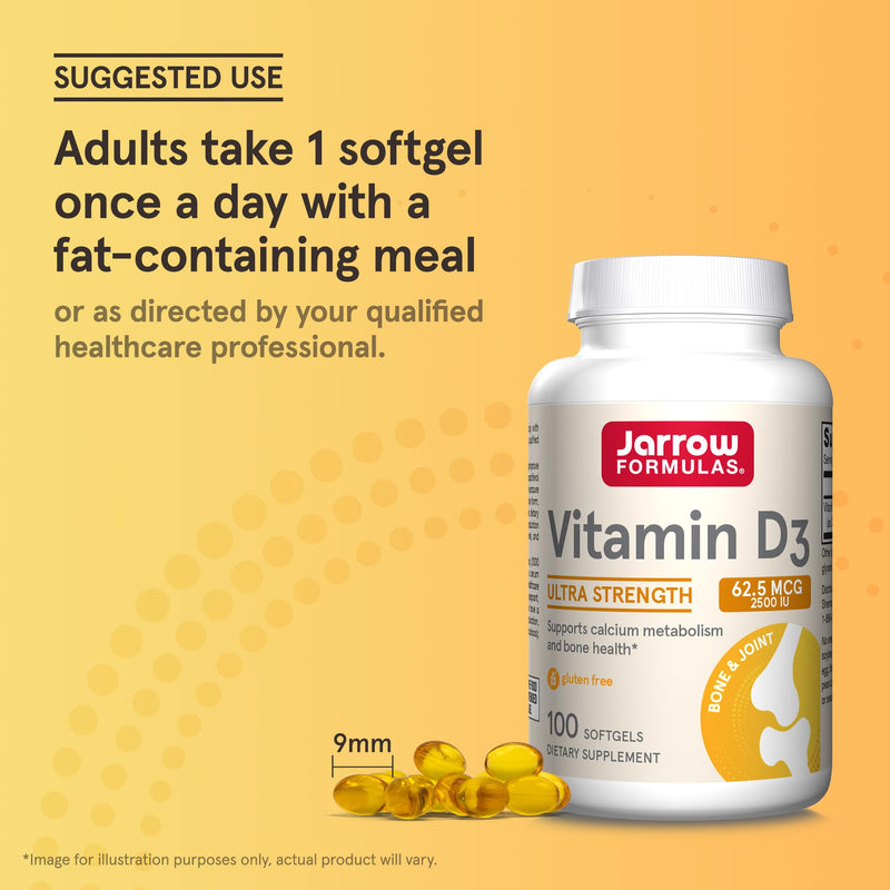 Jarrow Vitamin D3 Supplements 62.5 mcg (2,500 IU), 100 Softgels | Vitamin D Supplement For Bone Health, Immune Support & Calcium Metabolism Support, Gluten Free, D3 Vitamins, 100 Servings 100 Count (Pack of 1) 2500 IU