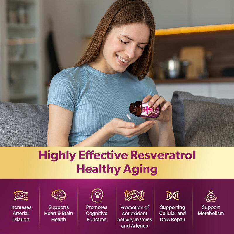 Piceid Resveratrol Supplement and NAD+ Cell Regenerator, Nitric Oxide Supplement, Support Heart Health, Blood Flow, Cellular Energy Production & Metabolism, Red Grape Powder, 45 Day Supply 90 Count (Pack of 1)