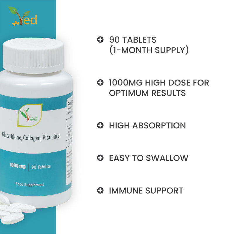 VED Reduced L-Glutathione, Collage, Vitamin C Tablets | 1000mg x 90 Tablets