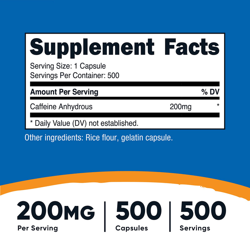 Nutricost Caffeine Pills, 200mg Per Serving (500 Caps) Unflavored 500 Count (Pack of 1)