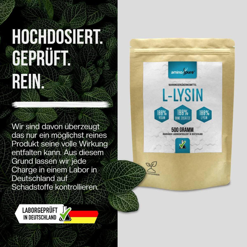 [Australia] - aminopure® | Lysine powder pure | pure L-lysine without additives | 250 servings (2 grams per day) | 100% vegan and tested for harmful substances in the laboratory with certificate | 500 grams 
