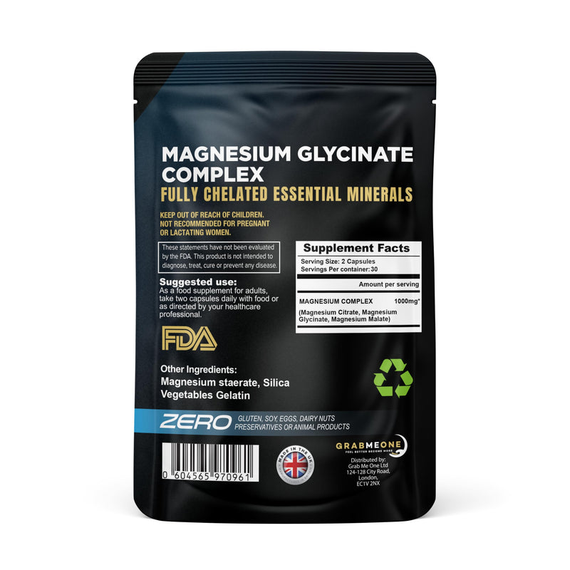 Magnesium Glycinate- 4-in-1 Complex -1000mg Supplements (Bisglycinate) Chelated Citrate & Malate (120) High Elemental dose Vegan Capsules, High Absorption 120