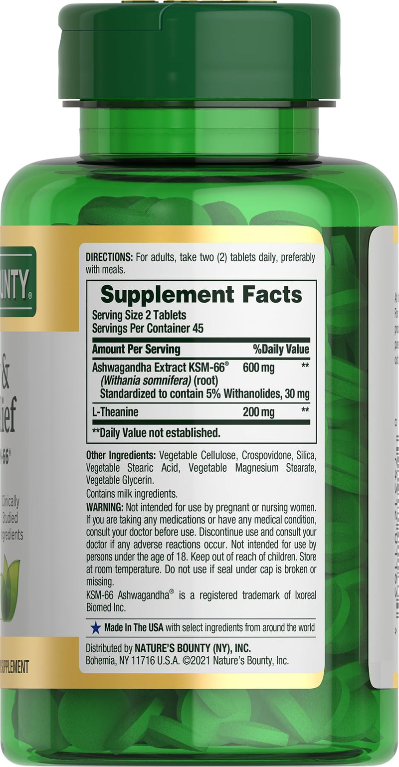 [Australia] - Nature's Bounty Stress Relief, Ashwagandha KSM-66, Supports Occasional Stress Relief, Dietary Supplement, 2 Tablets per Day, Vegetarian Tablets, Gluten Free, 90 Ct 90ct (Pack of 1) 