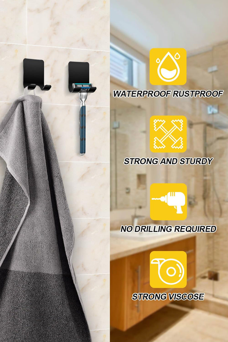 [Australia] - Caianwin Pack of 2 Razor Holder Shower Self-Adhesive Hooks Black Razor Holder Shower Stainless Steel Adhesive Hooks, Bathroom and Kitchen Towel Holder without Drilling 2 Pieces Black 