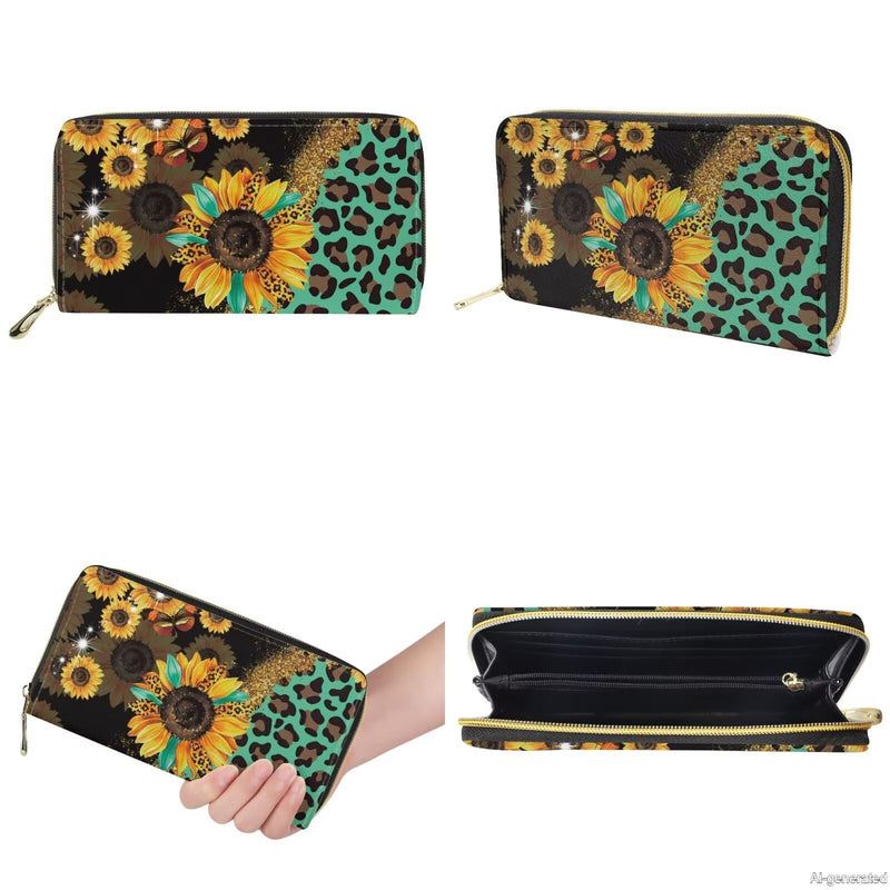 GIFTPUZZ Women Top Handle Bags Handbags with Zipper Leather Wallet Cash Card Phone Holder and Makeup Bag Set 3pcs Sunflower Leopard Print