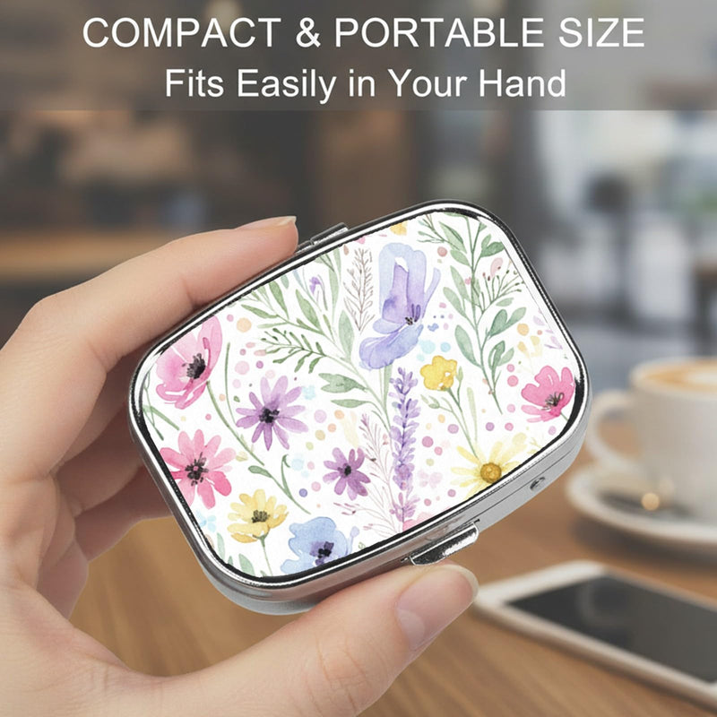 Square Pill Case Small Pill Box with Mirror Pocket 2 Compartment Vitamin Pill Medicine Case Organizer Pill Containers for Traveling Oil-Painted Wildflowers Two Wildflower Two