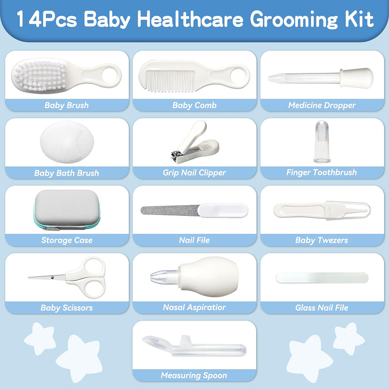 [Australia] - Baby Healthcare and Grooming Kit, 14 in 1 Baby Safety Set Newborn Nursery Health Care Set with Hair Brush Scale Nail Clippers for Baby Girls Boys (14 Kits Grey White) 14kits-Grey White 