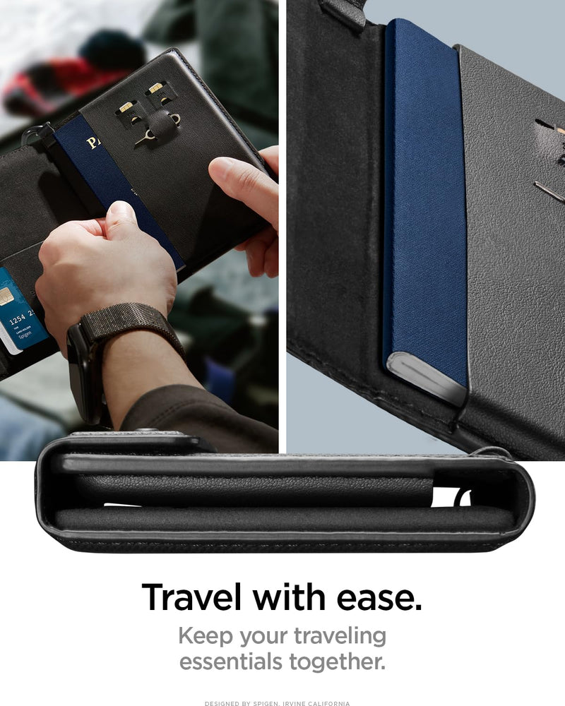 Spigen Life Passport Card Cover Holder, RFID Blocking | Travel Document Organizer, SIM Card Pin Included - Black Black - with AirTag Holder