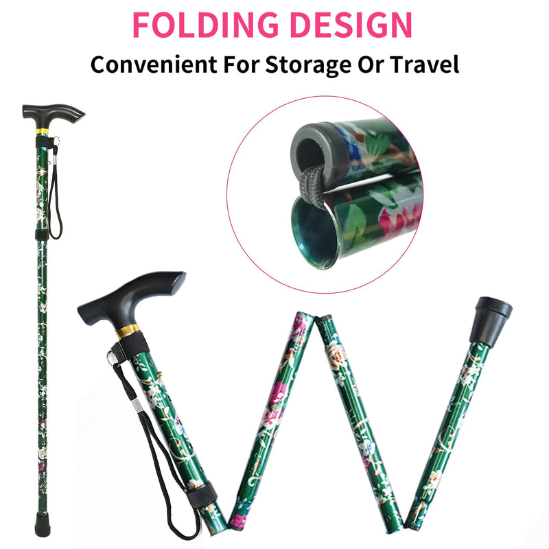 [Australia] - Folding Cane, 5-Level Adjustable Height Lightweight Portable Foldable Walking Canes with Wrist Strap and T Handle for Men Women Seniors Floral Green 