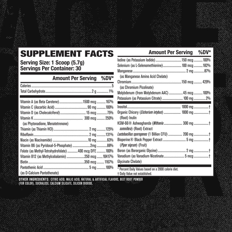 Jacked Factory Vita XT Performance Vitamin Powder - Daily Multivitamin Powder for Men with KSM-66 Ashwagandha, Prebiotic Fiber, Vitamin A, C, D, K, B6, B12, & More - Fruit Punch, 30Sv