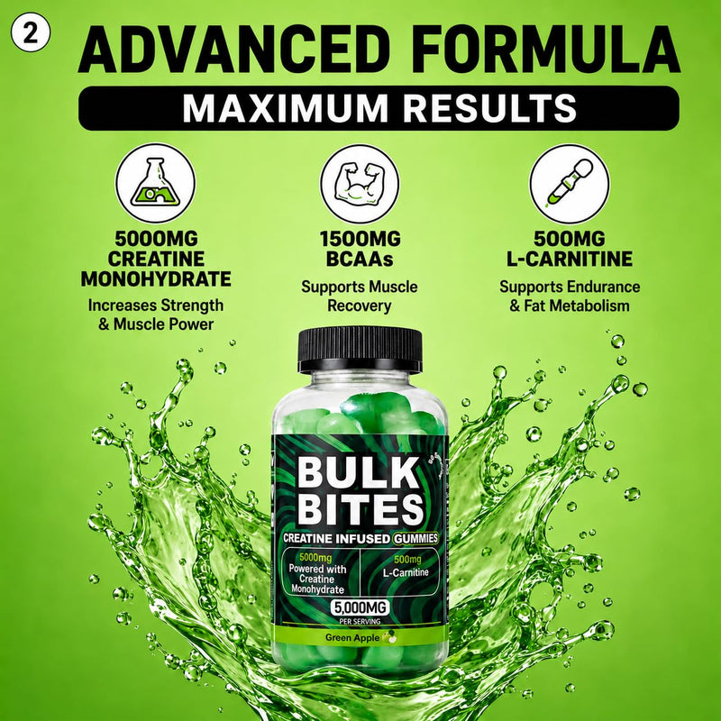 Bulk Bites 7000mg Creatine Gummies – High Strength Creatine Monohydrate Complex with BCAA & L-Carnitine | Sugar-Free Vegan Pre Workout Gummies, Muscle Growth, Energy & Recovery – 90 Gummies Green Apple