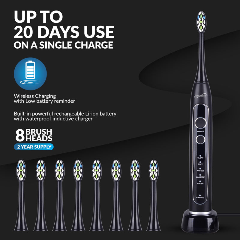 [Australia] - Supersonic TB-5100 Sonic Zoom Advanced Whitening Electric Toothbrush | 40,000 VPM | Wireless Charging | 5 Cleaning Modes | 8 Brush Heads | Auto Timer | Travel Case | Black 