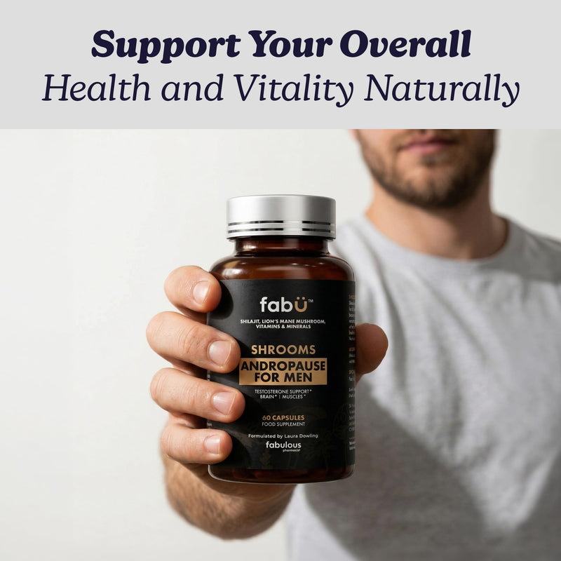 fabÜ Shrooms Andropause - Natural Shilajit & Lion's Mane Supplement for Men - Complete Multivitamin with Zinc, B12 & Minerals for Energy, Cognition & Testosterone Support - 60 Capsules