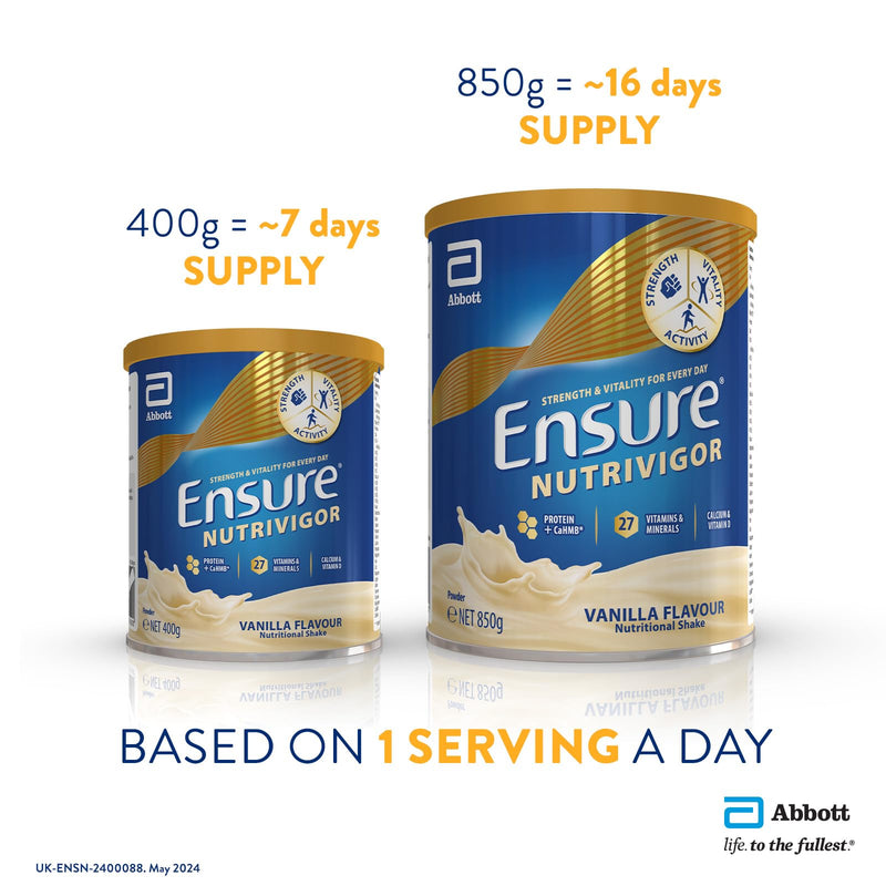 Ensure NutriVigor Nutritional Shake – Vanilla Flavour – 400g – Food Supplement with Protein, HMB & 27 Vitamins & Minerals – Supports Strength, Energy & Immunity – With Vitamin D, C & B
