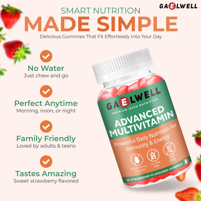 Multivitamin Gummies for Adults | 12 Essential Vitamins & Minerals with B-Complex, Zinc & Magnesium | Gluten & Sugar Free | Daily Supplement | Strawberry Flavour | 60 Gummies Gaelwell®