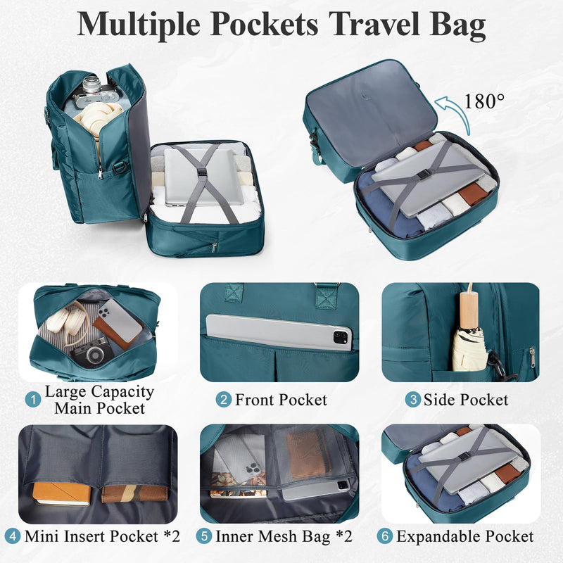 Expandable Personal Item Travel Duffle Bag Weekender Bag for Women Men, Overnight Hospital Carry On Bag with Toiletry Bag for Airplanes Travel Business Trips Sport, Peacock Blue