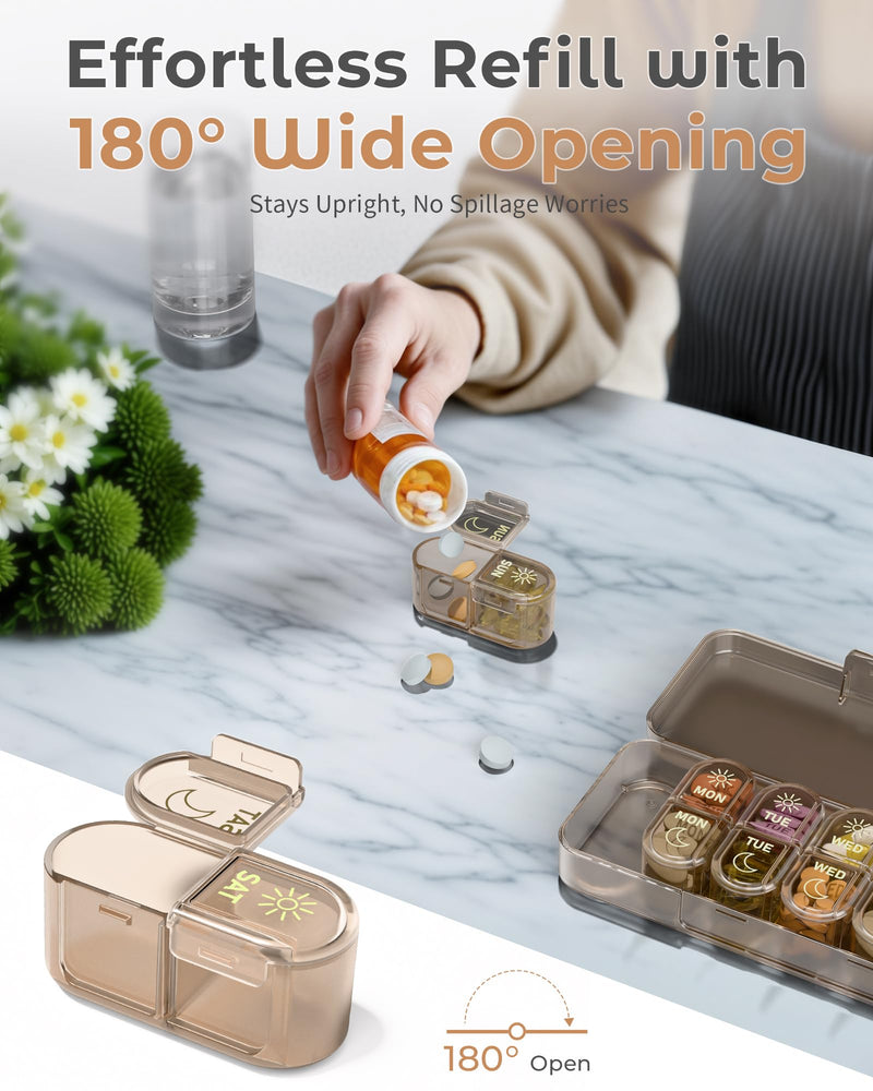 Pillex Weekly Pill Organizer 2 Times a Day, 7-Day AM PM Pill Box, Travel Pill Case, Medicine Pill Organizer for Fish Oils, Vitamins & Supplements Brown