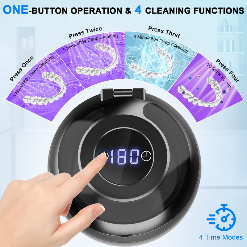 [Australia] - 45kHz Ultrasonic Retainer Cleaner Machine, 200ML Denture Cleaner, 4 Modes with Digital Timer Mouth Guard Cleaner, Night Guard Cleaner Dental Cleaning Pod for Aligner, Braces, Jewelry (Dark Black) 