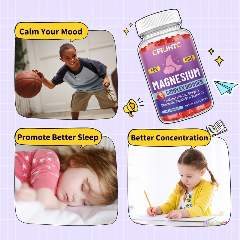 Kids Magnesium Gummies-Magnesium Glycinate Gummies for Kids Supplement-w/Zinc, Chamomile, Omega-3, Vitamin B6, D3 - for Sleep, Relaxation, Brain, Bones, Children's Calm, Sugar Free, 2 Pack Strawberry 60 Count (Pack of 2)