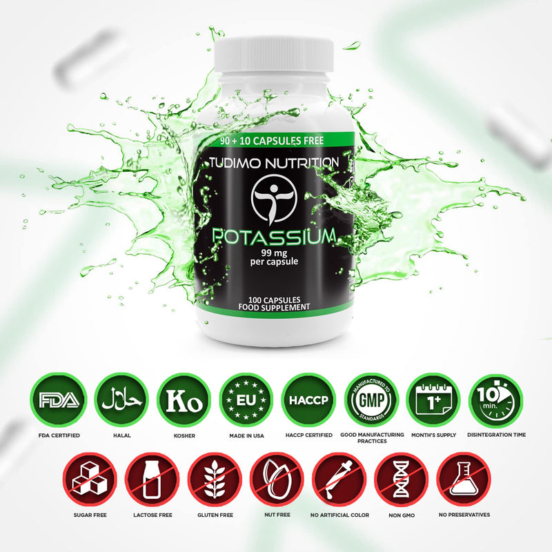 Potassium Supplements | Potassium Gluconate Capsules - 99mg per Capsule - 100 Capsules, Each with 99 mg of Premium Quality Potasium Gluconate Powder
