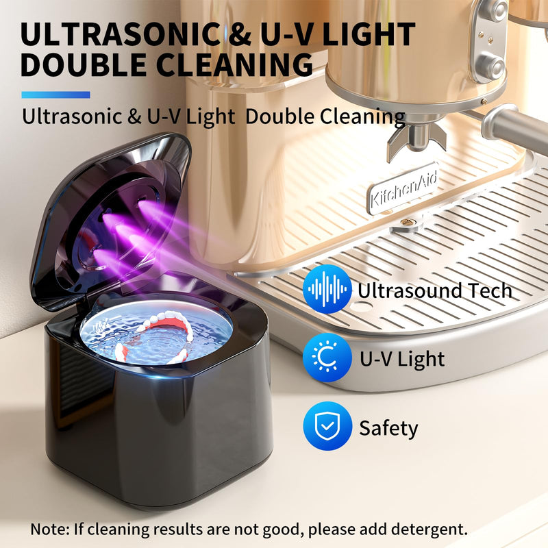 [Australia] - Ultrasonic Retainer Cleaner, 48kHz Retainer Cleaner Machine for Dentures, Night Mouth Guards, Jewelry, Aligner, Braces, 30W Dental Cleaning Pod with Digital Timer, 180ML, Dual Cleaning Mode 