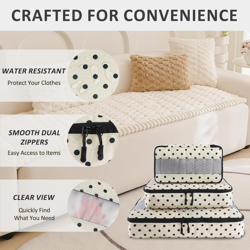 Travel Duffle Bag with Shoe Compartment and 5 Set Polka Dot Packing Cubes for Travel