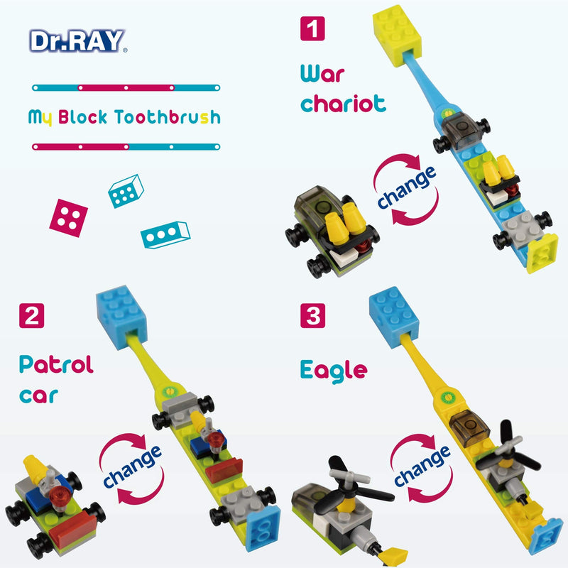 [Australia] - Dr.RAY Kids Toothbrush with Building Blocks and Toothbrush Covers, Extra Soft, Ages 6+ (Pack of 3, Multi-Colored) 