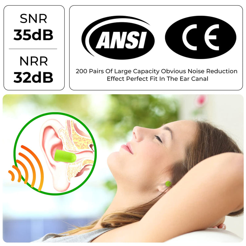 [Australia] - 200Pairs Foam Earplugs, 32dB Disposable Noise Reduction Ear Plugs, Hearing Protection Bulk Ear Plugs for Shooting Range, Work, Travel,Concert Green 1 Count (Pack of 200) 